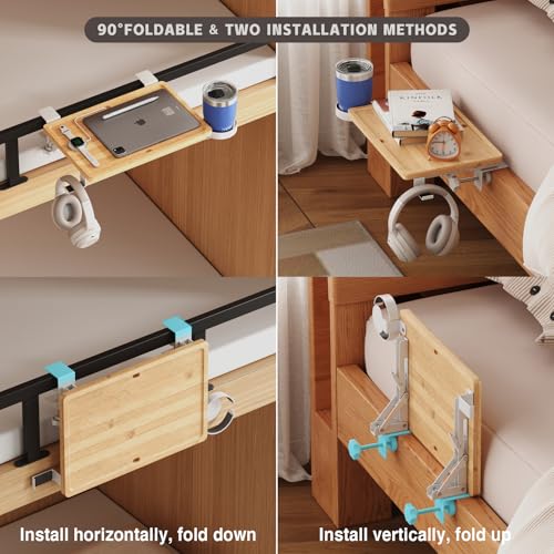Magheo Bedside Shelf Wood, Foldable Clip-On Bed Shelf for Top Bunk Space Saving Bed Side Table Tray for College Dorm Essentials,Loft Nightstand Organizer Tray with Removable Cup Holder, Hooks - size: Foldable+cup holder/hooks