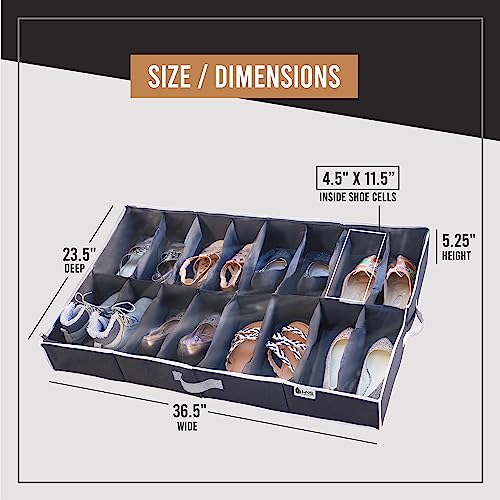 Under Bed Shoe Storage Organizer - Set of 2 – TEAR-RESISTANT Heavy Duty 600D Material - Fits All Styles Mens and Women's Shoes, Up to 32 Pairs - Extra-Strong Zipper - Black-Perfect for College Dorms - color: Black, style: Set of 2