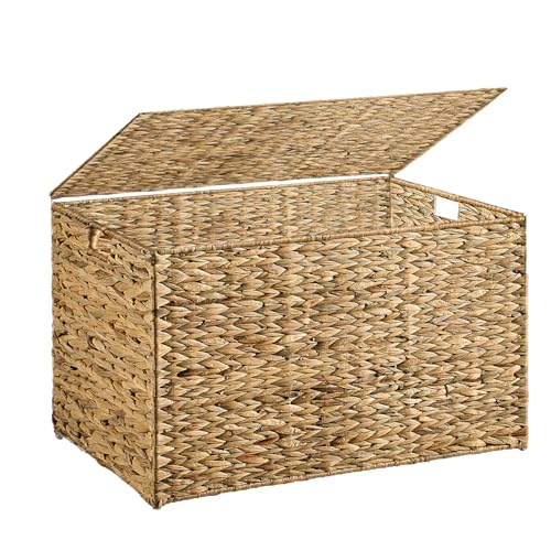 Water Hyacinth Storage Basket with Lid, 27.7 Gallon (105L) Blanket Storage Basket with Handles, Woven Storage Bin, Foldable, Metal Frame, for Bedroom, Laundry Room, Natural - color: Natural, size: 105 L:15.7 x 26 x 15.7 Inches