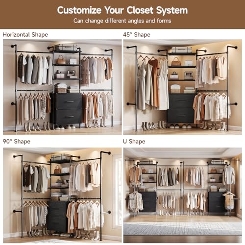 ONBRILL T2 Wall Mounted Industrial Pipe Clothing Rack, Closet Organizers and Storage System with 2 Drawers, 6 Wooden Shelves & 4 Expandable Rods, Heavy Duty Garment Rack, Wardrobe (Black)) - color: Black