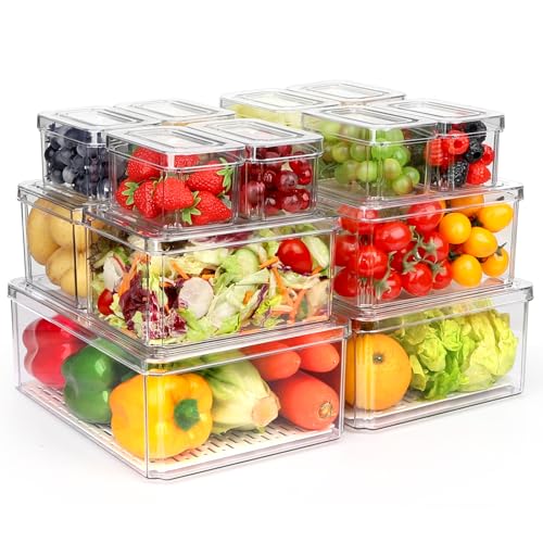 14 Pack Fridge Organizer, Stackable Refrigerator Organizer Bins with Lids PBA-Free, Clear Fridge Organizers and Storage for Kitchen, Countertops, Cabinets, Fridge, Drinks, Fruits, Vegetable, Cereals - size: 14-PACK
