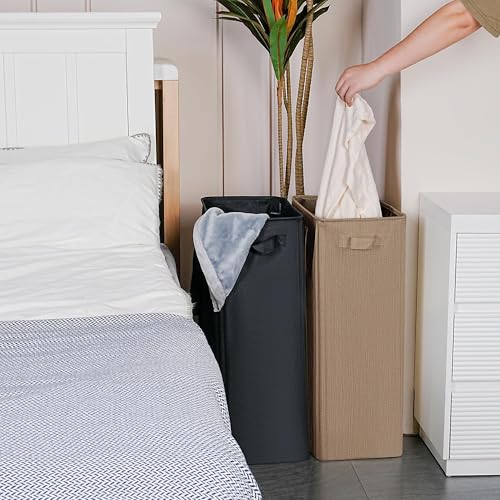 efluky Slim Laundry Basket, Narrow Laundry Hamper with Handles, Collapsible Dirty Clothes Hamper, Tall Laundry Bin for Laundry Room, Dorm and Bedroom, 19.8 Gallon (75L) Flax Brown - color: Flax Brown, size: 75L without Lid