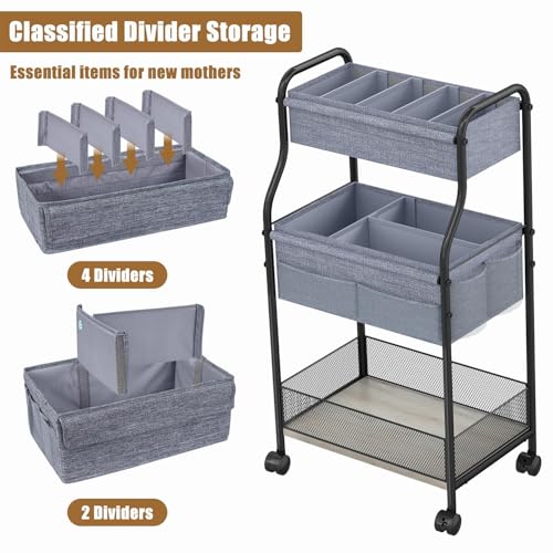 3-Tier Baby Diaper Caddy Organizer and Storage Cart, Mobile Metal Utility Cart with Rolling Wheels for Nursery Essentials with 4+2 Dividers, Large Capacity Rolling Cart For Bedroom, Bathroom, Nursery - color: Gray, size: 17"W*11.35"D*32.05"H
