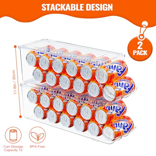 SCAVATA 2 Pack Soda Can Organizer for Refrigerator, Stackable Canned Food Pop Cans Container Can Holder Dispenser with Lid for Fridge Rack Freezer, Clear Storage Bins-Holds 12 Cans Each (Clear) - color: Clear