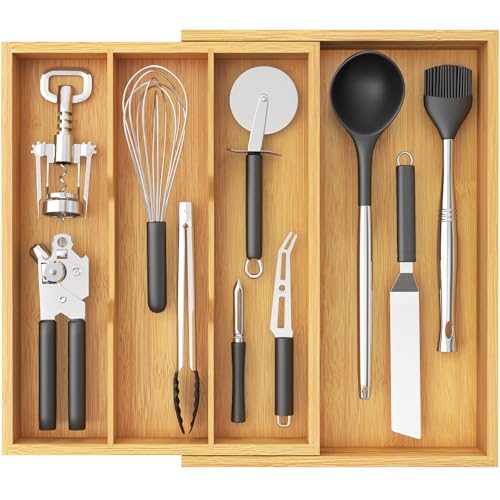 Lifewit Utensil Organizer for Kitchen Drawer, Expandable Cooking Utensil Tray, Cutlery Silverware Flatware Holder, Wood Adjustable Spatula Tools Storage Divider, 30-55 x 40cm, Natural - color: Natural, size: 11.9~21.7'' W x 15.75'' D