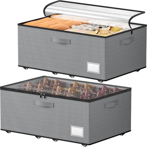 Dayacoco Underbed Storage with Wheels, 2 Pack Under Bed Storage Containers with Clear Lids, No Assembly Required 10.1 inch Rolling Under Bed Storage for Clothes, Grey - size: 10.1 inch height-grey