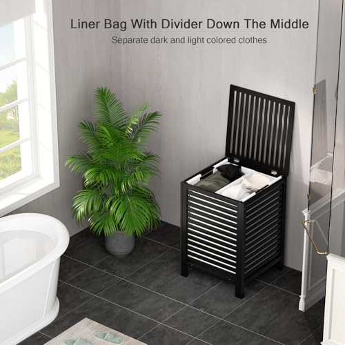 Homykic Bamboo Laundry Hamper with Lid, 120L Large Clothes Laundry Sorter with Removable 2-Section Liner Bag, Raised Laundry Basket Organizer for Clothing, Bathroom, Bedroom, Laundry Room, Black - color: Black
