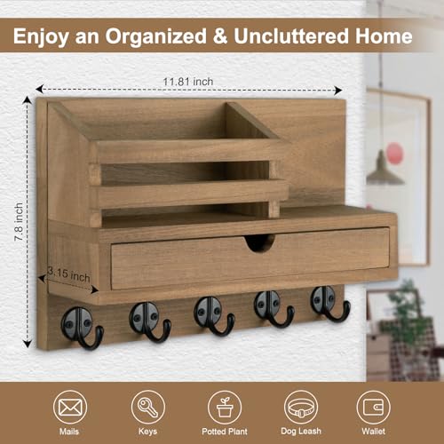 Key Holder Wall Mount, Mail Holder with Storage Drawer and 5 Key Hooks for Coat, Dog Leash, Home Decor Rack, House Accessories, Entry Way Organizer (Light Brown) - color: Light Brown, size: Standard - 11.8 Inch