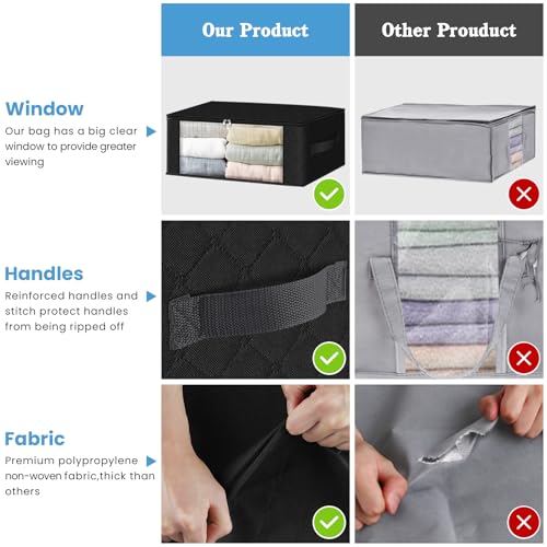 HomeHacks Storage 3-Pack Clothes Organizer Storage Bags Foldable Storage Box with Large Clear Window Sturdy Handles for Closet, Dorm, Pillows, Bedding, Clothes, Blankets, 35L, Black - color: Black