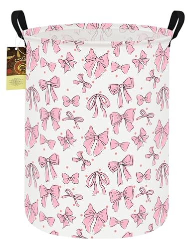 Collapsible Fabric Storage Basket, Waterproof Laundry Hamper with Handles, Round Storage Bin for Clothes Toys, Foldable Organizer for Bedroom Nursery Bathroom(Round-Pink Bow) - color: Round-Pink Bow