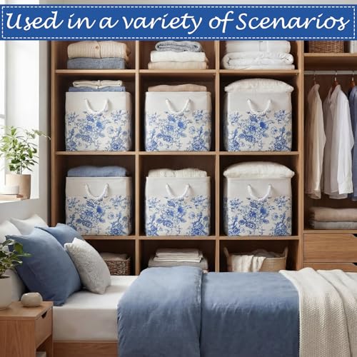 LemonRoad 6 Pcs Blue Floral Cube Storage Bins 13 Inch Square Storage Basket with Handle Preppy Girl Organizer Basket Collapsible Fabric Box for Classroom Bedroom Office Home Decoration Gift - color: Blue, size: 13 Inch, style: Floral