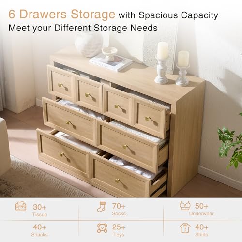 6 Drawers Dresser for Bedroom-46.5" Wide Wooden Chest of Drawers with Large Storage, Long Dresser TV Stand with Drawers, Farmhouse Closet Dressers for Living Room Bedroom, Natural - color: Natural Oak, size: 15.5"D x 46.5"W x 33.6"H (6 Drawers)