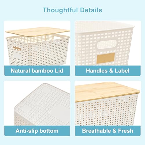 Bagnizer 2 Pack Tall Plastic Storage Bins with Bamboo Lids, 10.8qt Stackable Storages Baskets for Organizing Desktop Closet Playroom Classroom Office, 12"L x 8.3"W x 6.1"H, Cream White - color: Cream White, size: Tall- 2 Pack