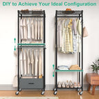 Folews Rolling Clothes Rack, 3 Tier Garment Rack for Hanging Clothes, Metal Wire Wardrobe with Drawer Rods Portable Closet Organizer Freestanding Clothing Shelf with Wheels, Black - size: 13.3"D x 23.2"W x 70.8"H