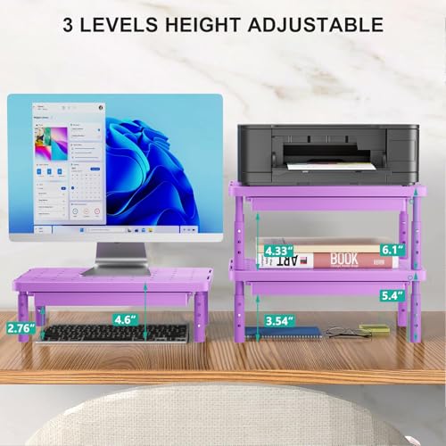WALI Computer Monitor Stand with Storage, Desk Monitor Riser 3 Height Adjustable, Laptop Riser with Airflow Vents, Desk Organizer for Computer, Laptop, Printer (PTT002-V), 1 Pack, Violet - color: Violet, size: with Drawer
