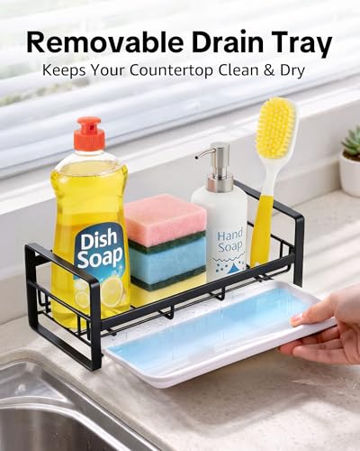 HULISEN Large Sponge Holder, 304 Stainless Steel Kitchen Soap Dispenser Caddy Organizer, Countertop Soap Dish Rack Drainer with Removable Drain Tray, not Including Dispenser and Brush, Black - color: Black, size: Large