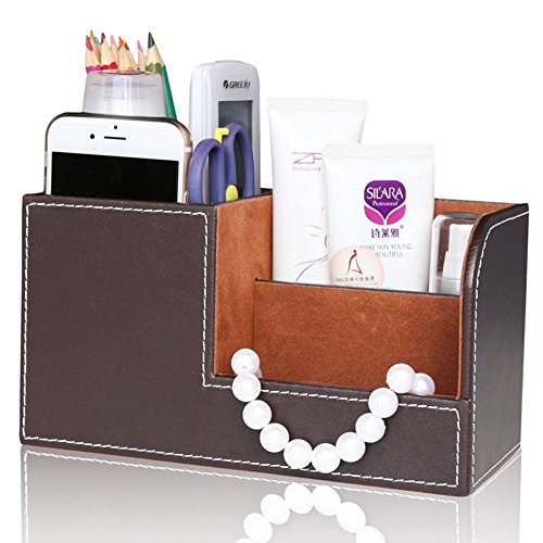 KINGFOM Desk Organizer Office Supplies Caddy Pu Leather Multi-function Storage Box Pen/Pencil,Cell phone, Business Name Cards Remote Control Holder Brown - color: S-Brown