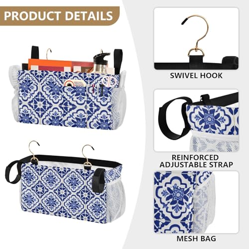 Bedside Caddy Hanging Bunk Bed Caddy Bed Organizer Hanging Pocket with 2 Hooks Bedside Storage Organizer Pocket Bag Holder Floral Blue and White Geometric - color: Floral Blue and White Geometric