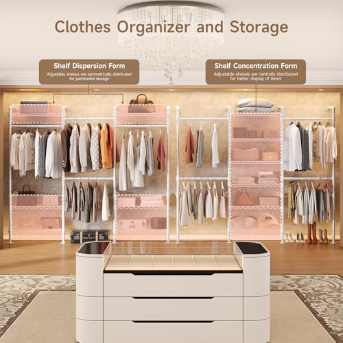 Wall Mounted Garment Rack, Walk-in Closet System with Expandable Rods, Adjustable Shelves, Industrial Pipe Clothing Racks, Hanging Clothes Organizers and Storage, Metal Closet Shelving Wardrobe - color: White