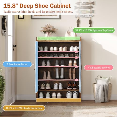 BINGTOO 45" Tall Farmhouse Shoe Storage Cabinet with Doors, Large Shoe Organizer with 4 Adjustable Shelves, Extra Deep Wooden Shoe Rack for Entryway, Foyer, Hallway (Brown, 2 Cabinets) - color: Brown, size: 2 Cabinets