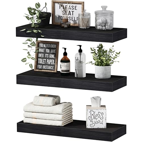 QEEIG Floating Shelves for Wall Bathroom Shelf Bedroom Kitchen Living Room Hanging Book Shelves Small Farmhouse Decor 16 inch Set of 3, Black (015-B3) - color: C. Black, size: 3pcs