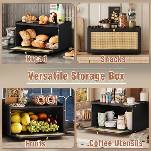 Trironsun Rattan Bamboo Bread Box for Kitchen Counter Large Capacity Bread Storage Bin Farmhouse Bread Storage Container Rustic Bread Holder (Black) - color: Black
