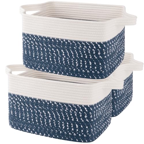OIAHOMY Storage Basket, Woven Baskets for Storage, Cotton Rope Basket for toys,Towel Baskets for Bathroom - Pack of 3,White Blue - color: White Blue, size: 3 pcs-13”x9.9”x8.7”