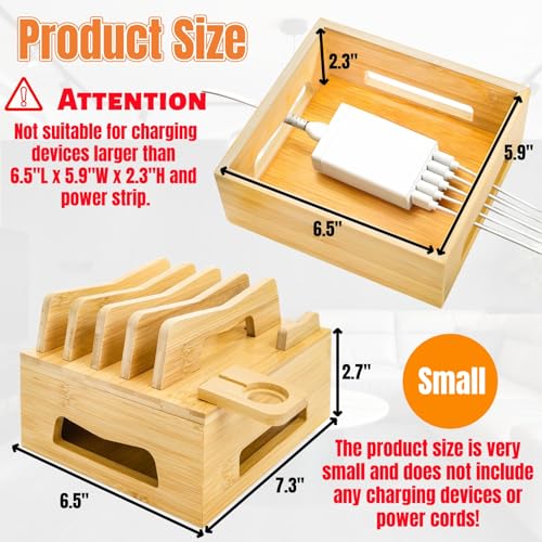 Bamboo Charging Station for Multi Devices, Small Desktop Docking Stand, Cell Phone Docking Station Charger Organizer for Tablets, Smart Watch (No USB Charger No Charging Cables)
