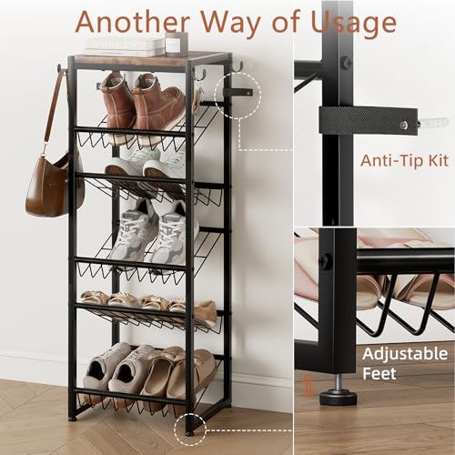 6 Tier Rotating Shoe Rack Tower with Wheels, Wooden Shoe Storage Organizer with Hooks, Sturdy Metal Narrow Shoe Shelf for 6-12 Pairs, Vertical Organizer for Closet Entryway, Rustic Brown - size: 6-tier(13.9 × 11.2 × 38.6)