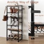 6 Tier Rotating Shoe Rack Tower with Wheels, Wooden Shoe Storage Organizer with Hooks, Sturdy Metal Narrow Shoe Shelf for 6-12 Pairs, Vertical Organizer for Closet Entryway, Rustic Brown - size: 6-tier(13.9 × 11.2 × 38.6)