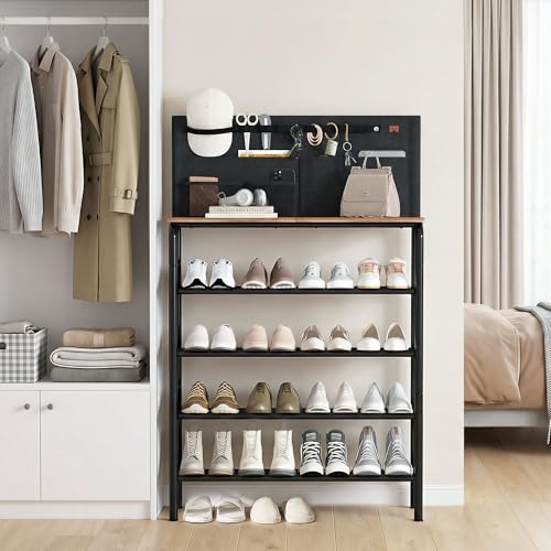 STORAGE MANIAC 5 Tier Shoe Rack for Entryway, Metal Shoe Shelf with Storage Pocket and MDF Top Board, 16-20 Pairs Free Standing Shoes Organizer for Closet, Black