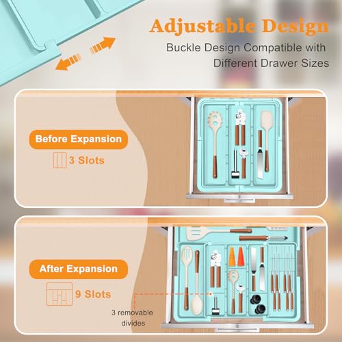 Homecor Utensil Drawer Organizer for Kitchen, Expandable Silverware Organizer Cooking Utensils Tray, Large Cutlery and Flatware Holder, Kitchen Tools & Gadgets Storage (Turquoise) - color: Turquoise