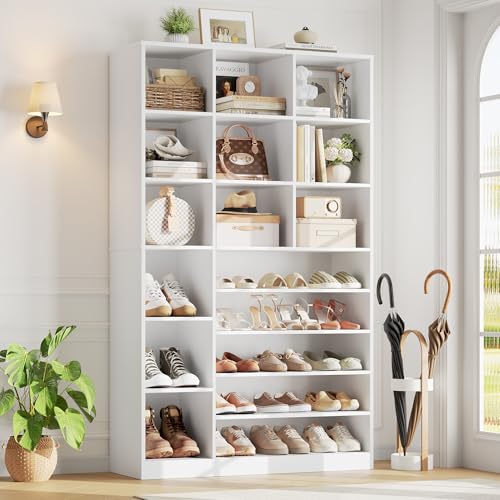 Keyluv 74" Tall Shoe Cabinet with Adjustable Shelves, 6-Tier Shoe Storage Organizer with 12 Cubes for up to 27 Pairs, Free-Standing Shoe Rack for Closet, Hallway, Entryway & Living Room, White - color: White