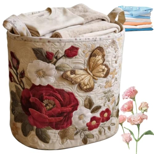 Quilted Laundry Basket with Handles, Boho Floral Fabric Storage Hamper, Large Soft Quilted Laundry Basket for Nursery, Bedroom, Laundry Room,Clothes & Toys (D, S) - color: D, size: S