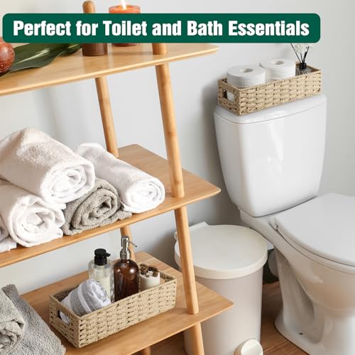 dreamkey Set of 2 Wicker Toilet Paper Storage Baskets, Hand-Woven Paper Rope Bathroom Organizer for Toilet Tank Top & Countertop, Decorative Nesting Baskets with Handles, Beige - style: Paper Rope
