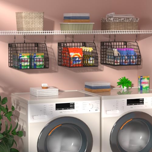 PUPPYCUTE Larger & Deeper Hanging Storage Basket, Closet Organizers and Storage, Hanging Shelves Wire Baskets for Clothing Sweaters Purse Handbags Shoes Black 3 Tier - color: Black-3pcs (Big)