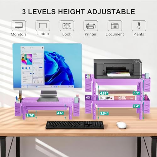 WALI Computer Monitor Stand with Storage, Desk Organizer with Drawer and Pen Holder, Desk Monitor Riser 3 Height Adjustable, Laptop Riser for Laptop, Printer (PTT003-V), 1 Pack, Violet - color: Violet, size: with Drawer and Pen Holder