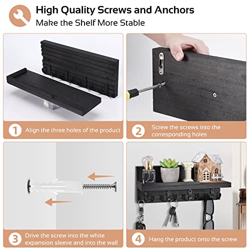 Decorative Key Hanging Rack with 4 Double Hooks – Easy Install Natural Wooden Key and Mail Holder for Wall Mount – Entryway Decor Rack with Shelf (Carbon Black) - color: Carbon Black