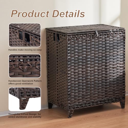 Laundry Hamper with Lid, 190L Large Laundry Basket 3 Section with 6 Removable Liner Bags & 3 Mesh Laundry Bags, Handwoven Rattan Clothes Hamper with Heightened Feet, No Install Needed, Brown - color: Brown