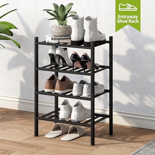 BMOSU 4-Tier Bamboo Small Shoe Rack Premium Stackable Shoe Shelf Storage Organizer for Hallway Closet Living Room Entryway Organizer (Black Bamboo) - color: Black Bamboo, size: Small-4-Tier（17*11*25.2inches）