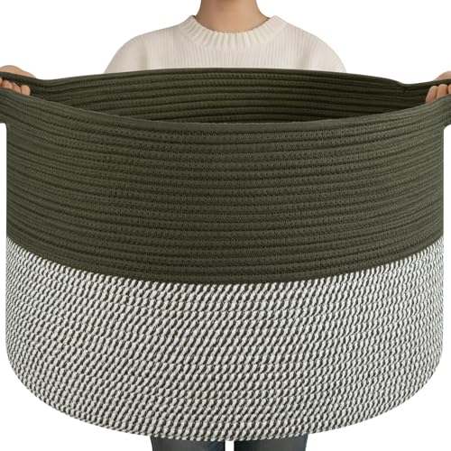 OIAHOMY 90L XXXLarge Blanket Basket for Living Room, 21.7" x 13.8" Woven Cotton Rope Laundry Basket for Organizing Pillows, Decorative Stuffed Animal Toy Storage Bin for Nursery, Green and Grey - color: Green and Grey, size: 21.7"D x 13.8"H