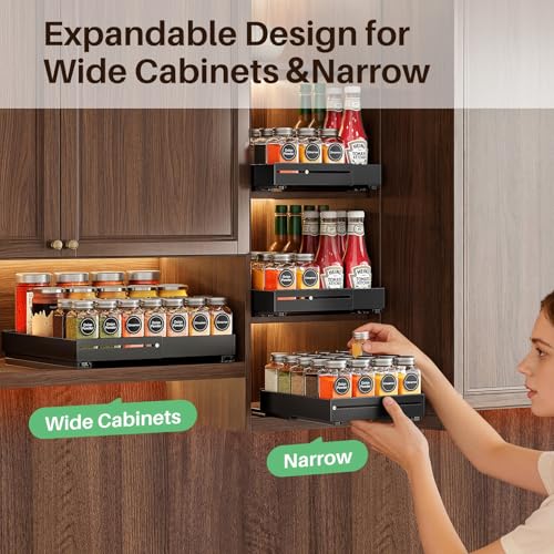 SNTD Pull Out Spice Rack for Upper Cabinet - Expandable Organizer with Smooth Ball Bearing Slides, No Drill Mounting Spice Storage for Kitchen (1 Pack, 7.2" to 12.9" W X 10" D X 2.2" H) - size: 7.2"W X 10"D X 2.2"H