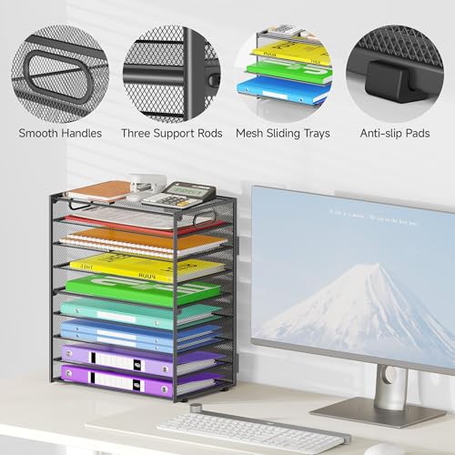 Cawukege 9 Tier Paper Organizer with Handle, Large Capacity Desk Organizer Mesh File Folder Letter Paper Tray Desktop Document Sorter for Classroom, School, and Office Accessories Organization - Grey - color: 1 Pack - Grey