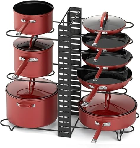 Pots and Pans Organizer for Cabinet, 3-in-1 Adjustable Cookware Storage Rack System, 8 Tier Pot Organizers Rack, Adjustable Pan Organizer under Cabinet Kitchen Organization and Storage 16.5 Height.