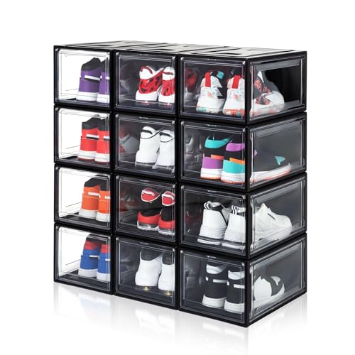 12 Pack Shoe Boxes, Clear Acrylic Plastic Shoe Boxes Stackable, Space-Saving Foldable Drop Front Shoe Storage Boxes Container for With Lids Fits Up to Size 15 (Dark Black) - color: Dark Black