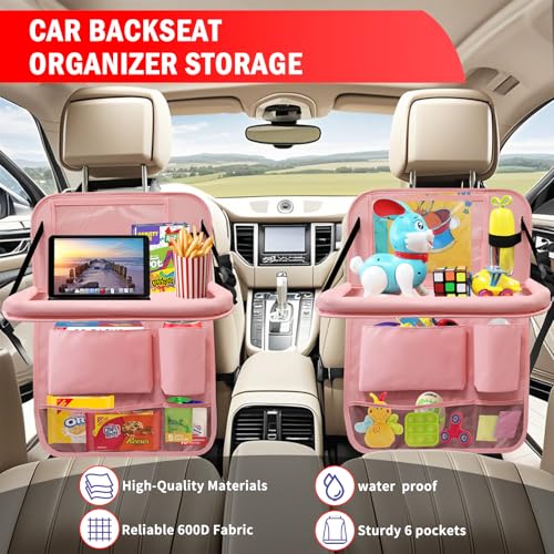 2Pack Car Backseat Organizer with Foldable Table Tray,6 Storage Pockets Car Storage Organizer with Tablet Holder,Car Seat Back Protectors Kick Mats Travel Accessories (Pink) - color: Pink, size: 2 Pack with Food Tray