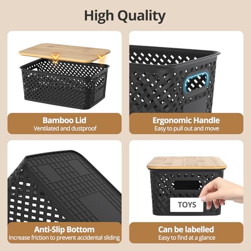 Plastic Storage Bins with Bamboo Lids, Stackable Small Box Baskets for Organizing and Containers for Shelves Drawers Desktop Closet Pantry Classroom Office Home, 6 Pack 10.2x7.2x4.1 Inch, Black - color: Black