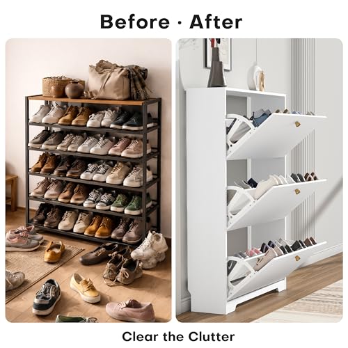 Nicetree Shoe Cabinet with 3 Flip Drawers, Narrow Shoe Organizer Cabinet, Freestanding Shoe Rack Cabinet, Morden Shoe Storage Cabinet for Entryway, Hallway, Foryer, White with Hook - color: White, style: 3-Drawers with Hook