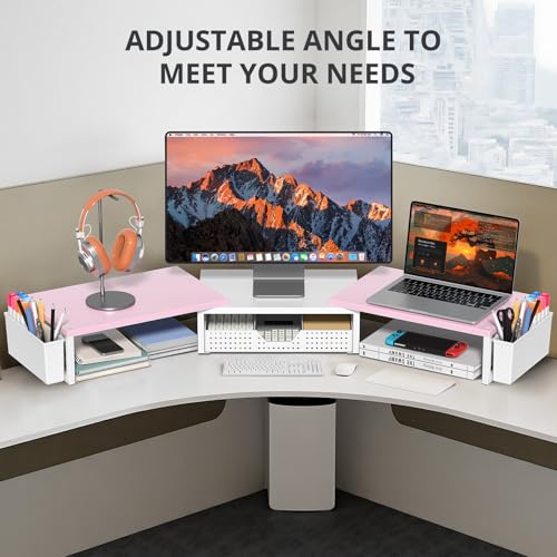 OPNICE Desk Organizers and Accessories, Dual Monitor Stand Riser with Drawer and 2 Pen Holders, Desk Shelf Wood Computer Racks for Office Workspace Organizers, Desktop Organization (Pink-White Wood) - color: Pink-White Wood, size: With drawer and pen hold