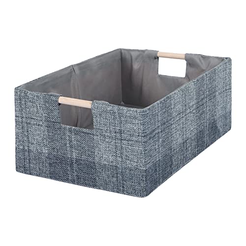 Fabric Storage Bin Box Collapsible Cotton Linen Storage Cube with Wooden Handles Rectangular Decorative Home Organizer Clothes Blanket Basket– Dark Gray Plaid, Small - color: Dark Gray Plaid, size: Small